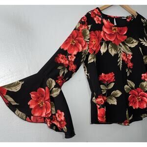 Dark Romantic Top Size Large Black Red Floral Bell Sleeve Whimsigoth Tropical
